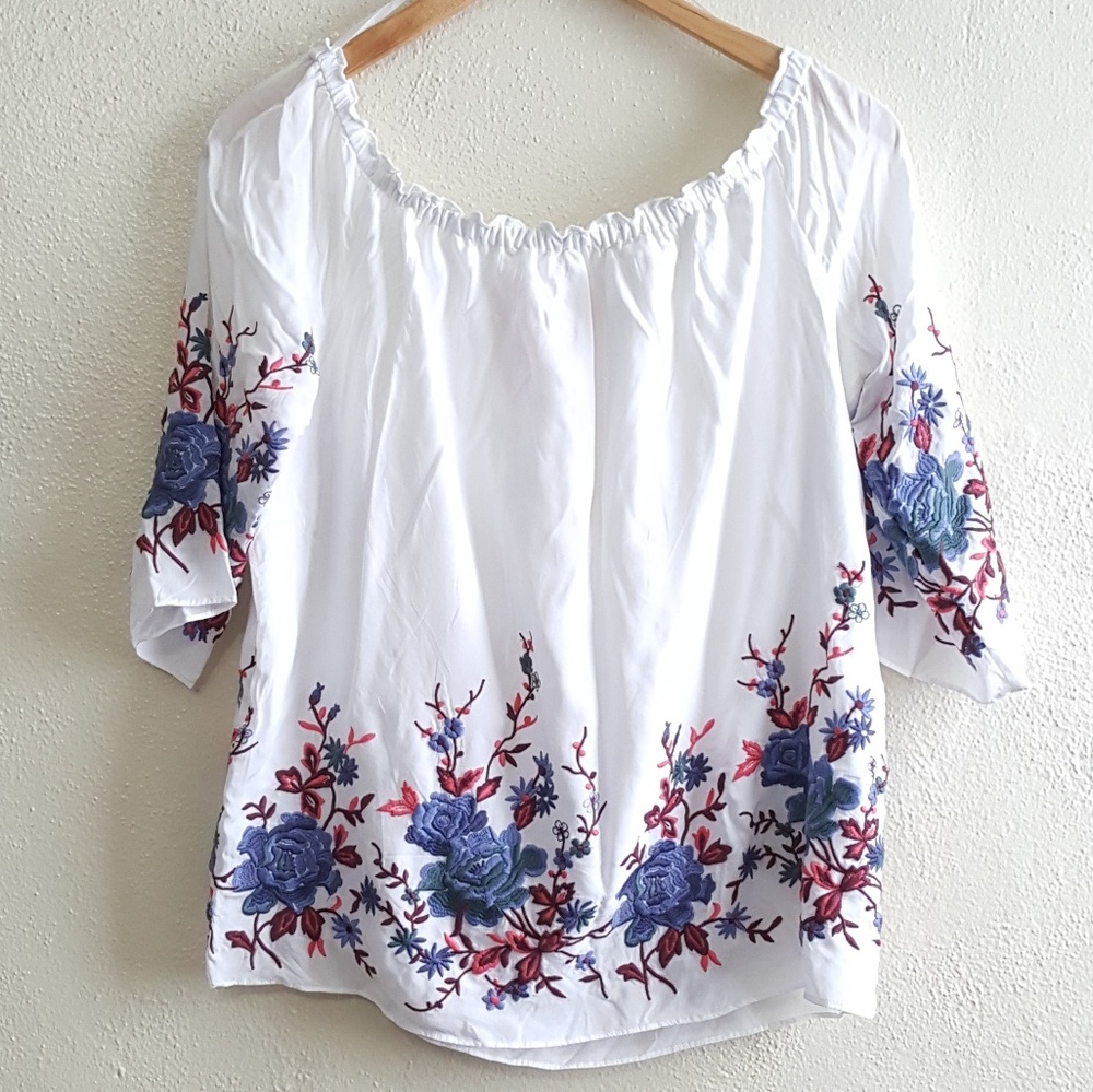 Catherine M. Off the Shoulder Embroidered Blouse.